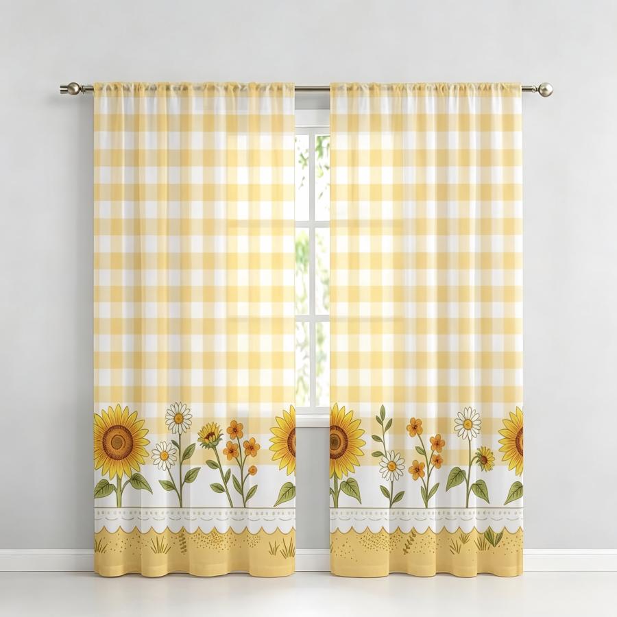 Home Decor Wall Panels - 2PCS Digital Print Sheer Curtain, Yellow